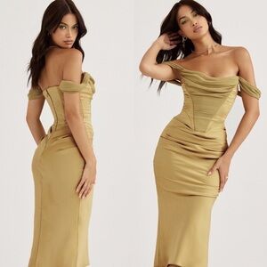 House of CB Natalya Olive Satin Corset Midi Dress S